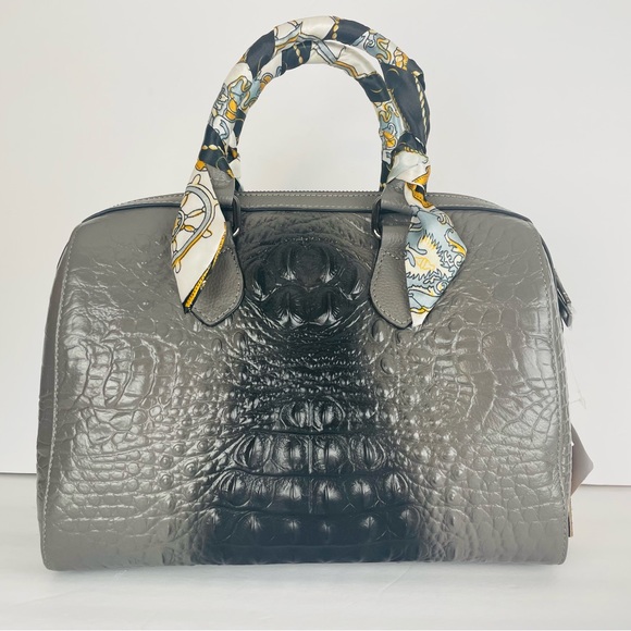 Genuine Leather Gray Crocodile Crossbody Shoulder Strap Bag With Scarf Detail - Picture 2 of 12